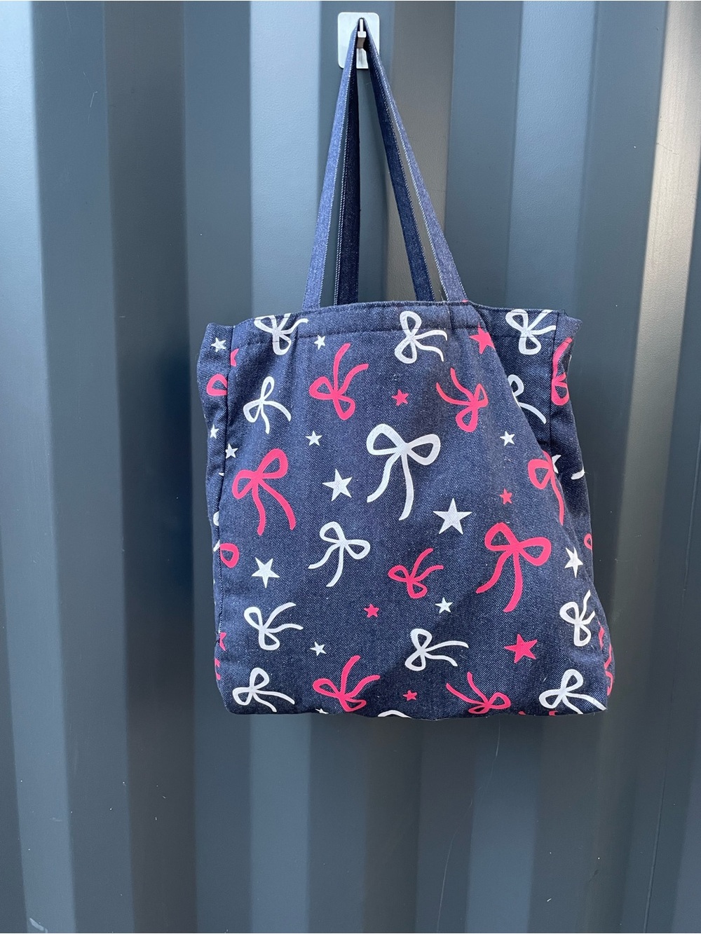 Denim Tote with Pink & White Bow Pattern